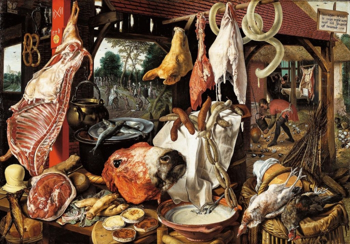 Pieter Aertsen: Mészárszék, biblikus háttérrel, 1551. Az alapanyagok látszólagos bőségét moralizáló jelenetek ellensúlyozzák a háttérben
