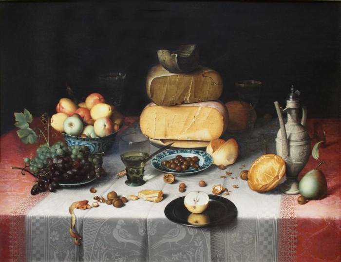 Floris Claesz. van Dijck: Csendélet sajttal, 1651 körül. Tipikus németalföldi ételcsendélet háromféle sajttal, gyümölccsel, az asztal szélén billegő tányérral, ami az élet esendőségét jelképezi