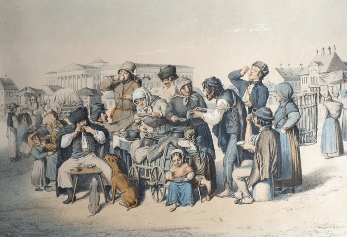 Lacikonyha a Nemzeti Múzeum előtt, 1840-es évek – Weber Henrik rajza után készült litográfia.