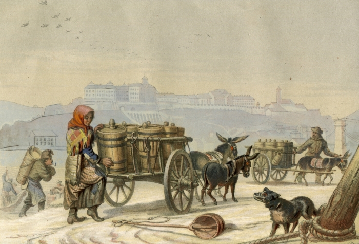 Dunavíz-hordogató, 1840-es évek – Barabás Miklós litográfiája.