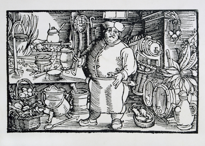 A korai ábázolásoknál a séf jelképei közé tartozott a serpenyő és a fakanál és szinte kötelező volt az övbe tűzött bontókés. A szakácsok töbsége hentesént is dolgozott. (XV.század)