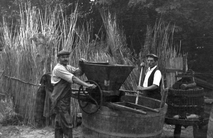 1930: Prés, kád, daráló - munkában a markos férfiak. Kép: Fortepan